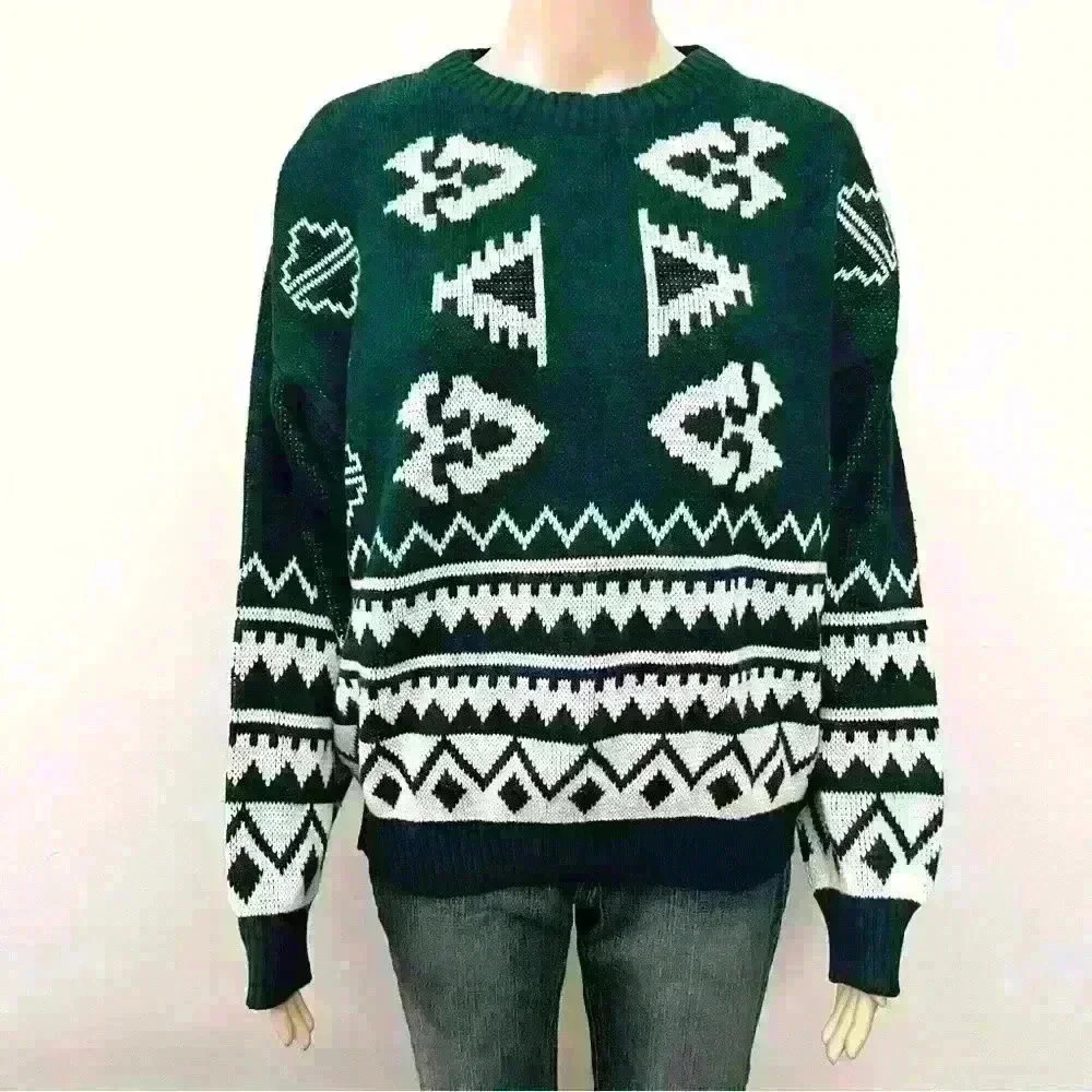 Vintage Bohemian Oversized Multicolored Green Pattern Crew Neck Sweater jumper - Picture 2 of 15